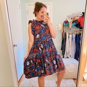 Ulla Johnson Blue Red Sea Conch Shell Printed Ruffled High NeckCotton Midi Dress